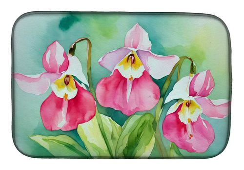 Minnesota Pink and White Lady s Slippers in Watercolor Dish Drying Mat