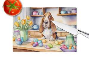 Glass cutting board with basset hound and colorful Easter eggs, rectangular