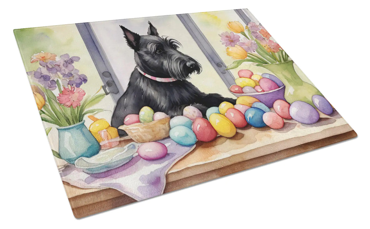 Decorating Easter Scottish Terrier Glass Cutting Board