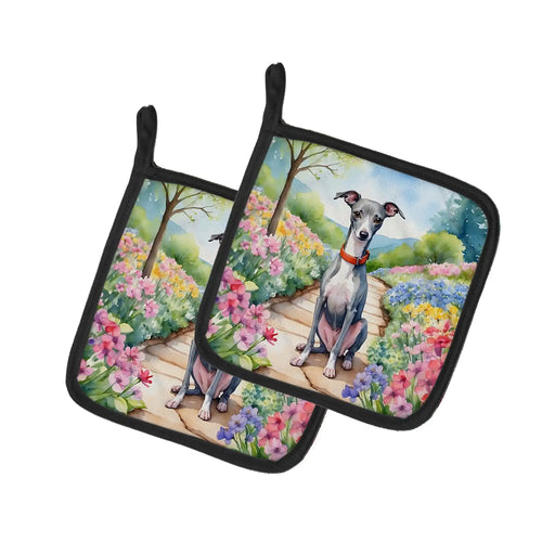 Italian Greyhound Spring Path Pair of Pot Holders