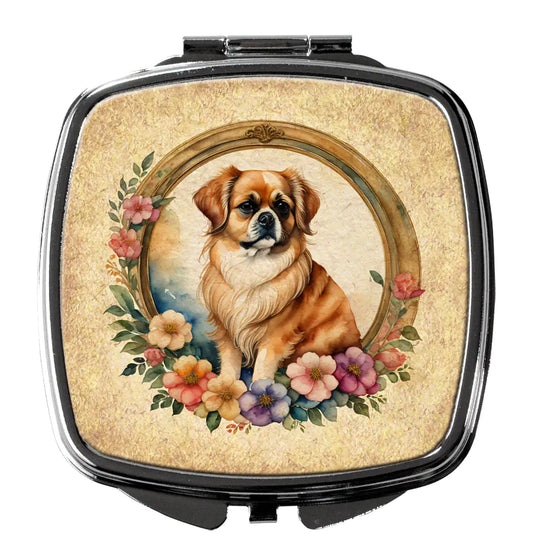 Tibetan Spaniel and Flowers Compact Mirror