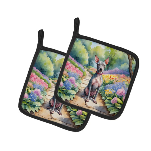 American Hairless Terrier Spring Garden Pair of Pot Holders