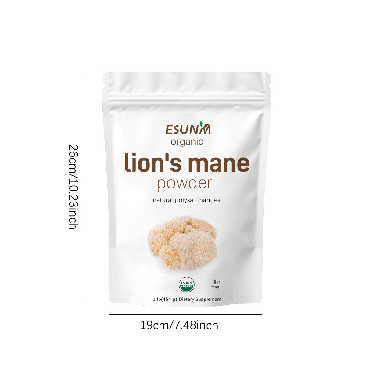 Lion's mane powder pouch size shown as 19cm (7.48in), white labeled bag