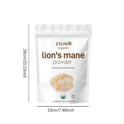 Lion's mane powder pouch size shown as 19cm (7.48in), white labeled bag