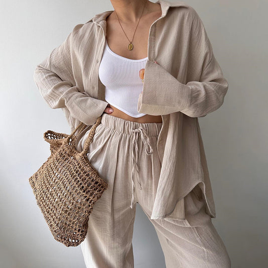 Women's Solid Color Lapel Collar Long Sleeve Shirt & High-Waist Pants Set - Casual Loose Fit