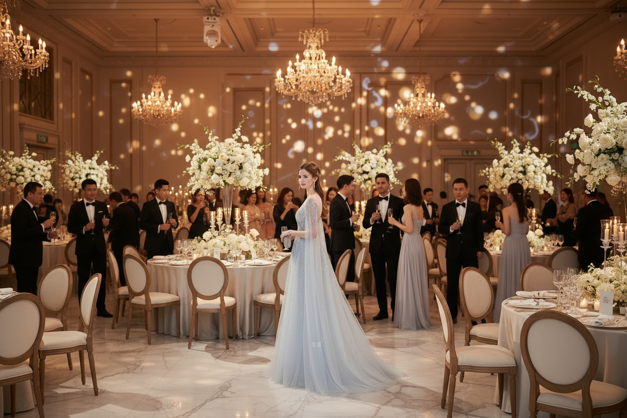 Light blue beaded evening dress with flowing tulle skirt and long train