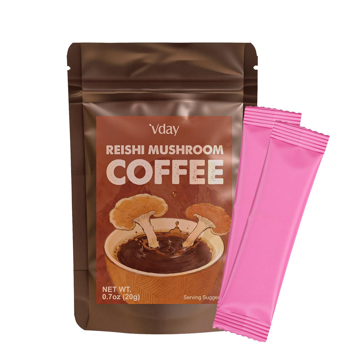 Brown reishi mushroom coffee pouch with pink single-serve sachet