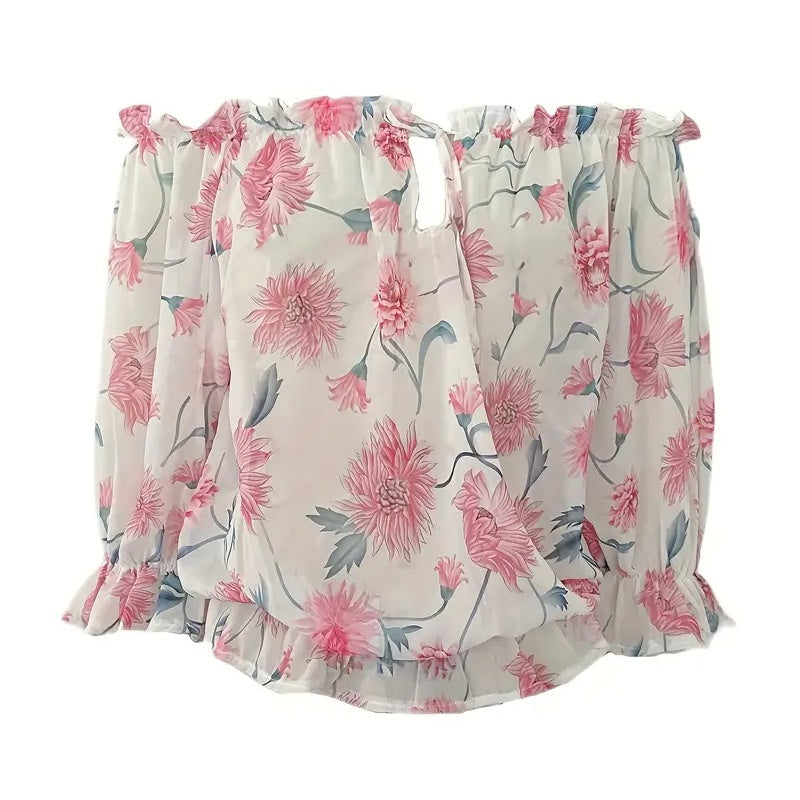 Womens Summer Off Shoulder Blouse Floral Print Ruffle Sleeve Casual Chiffon Tops Shirts