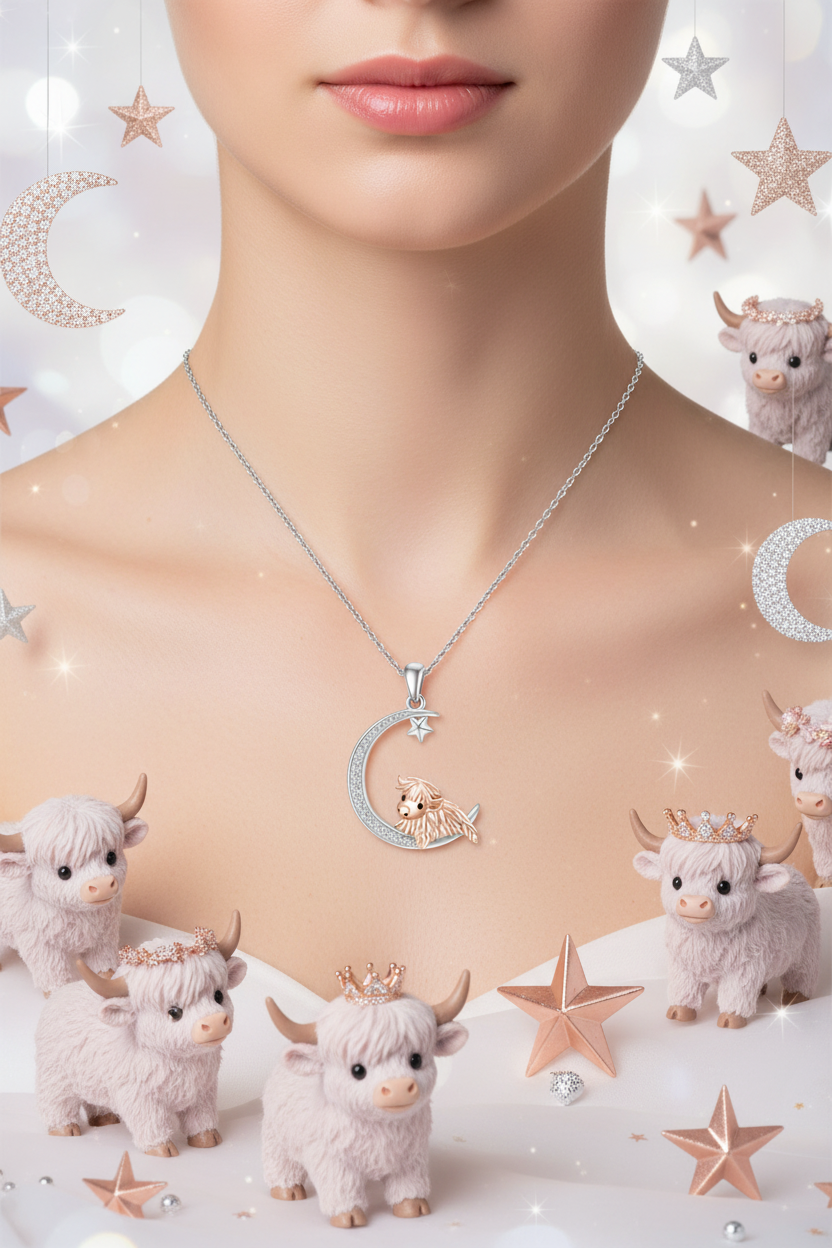 Sterling silver moon pendant necklace with star accents and Highland cow charm on chain