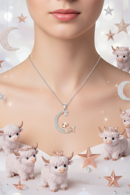 Sterling silver moon pendant necklace with star accents and Highland cow charm on chain