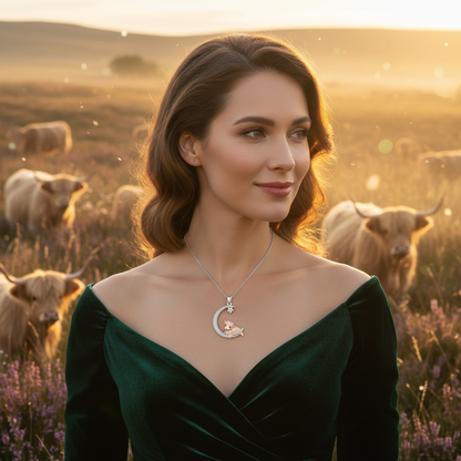 Silver highland cow and crescent-moon pendant necklace with small star, close-up