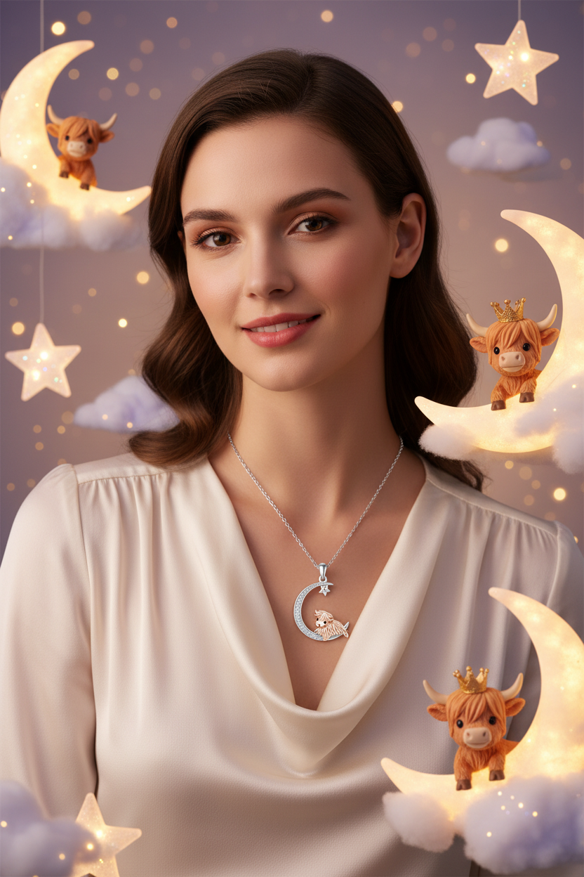 Silver moon pendant necklace with a star and Highland cow charm hanging on a chain