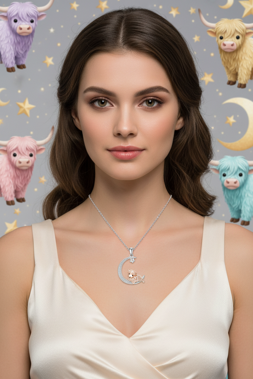 Silver moon pendant necklace centered at collarbone with Highland cow charm and star