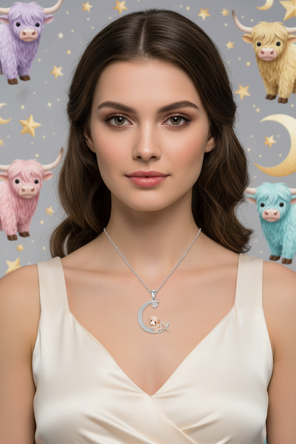 Silver moon pendant necklace centered at collarbone with Highland cow charm and star