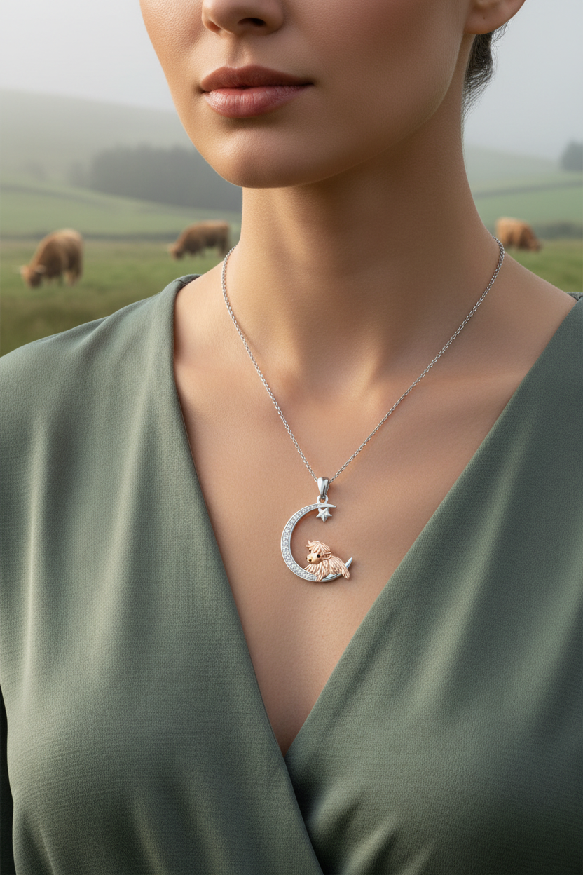 Silver moon pendant necklace with Highland cow charm and star, worn on a chain