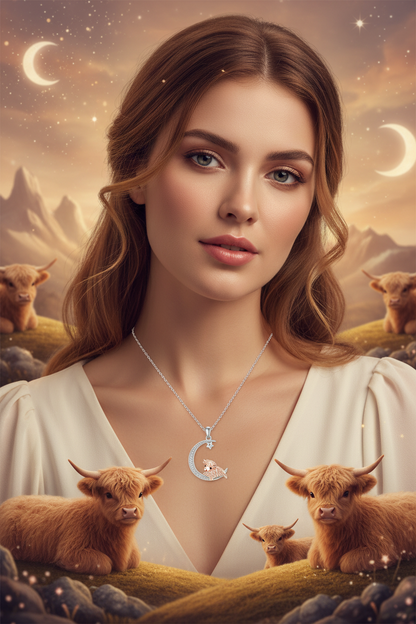 Silver moon pendant necklace with Highland cow charm and small star on a chain