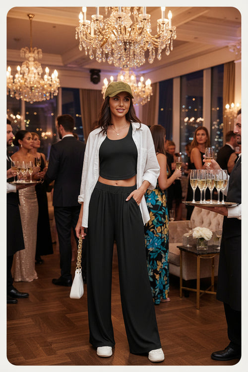 Women’s suit set: black crop top and wide-leg pants with white open shirt