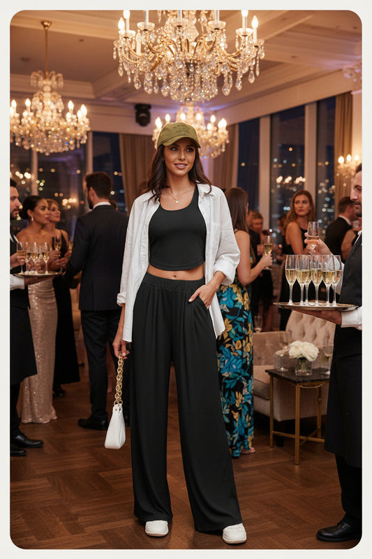 Women’s suit set: black crop top and wide-leg pants with white open shirt