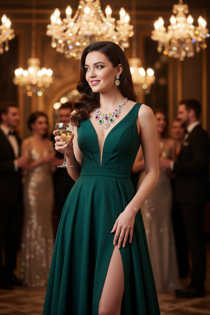 Multi-color zircon rhinestone necklace with matching drop earrings