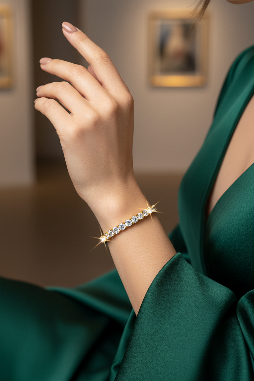 Mosan diamond tennis bracelet on wrist, silver-toned with bright sparkle stones