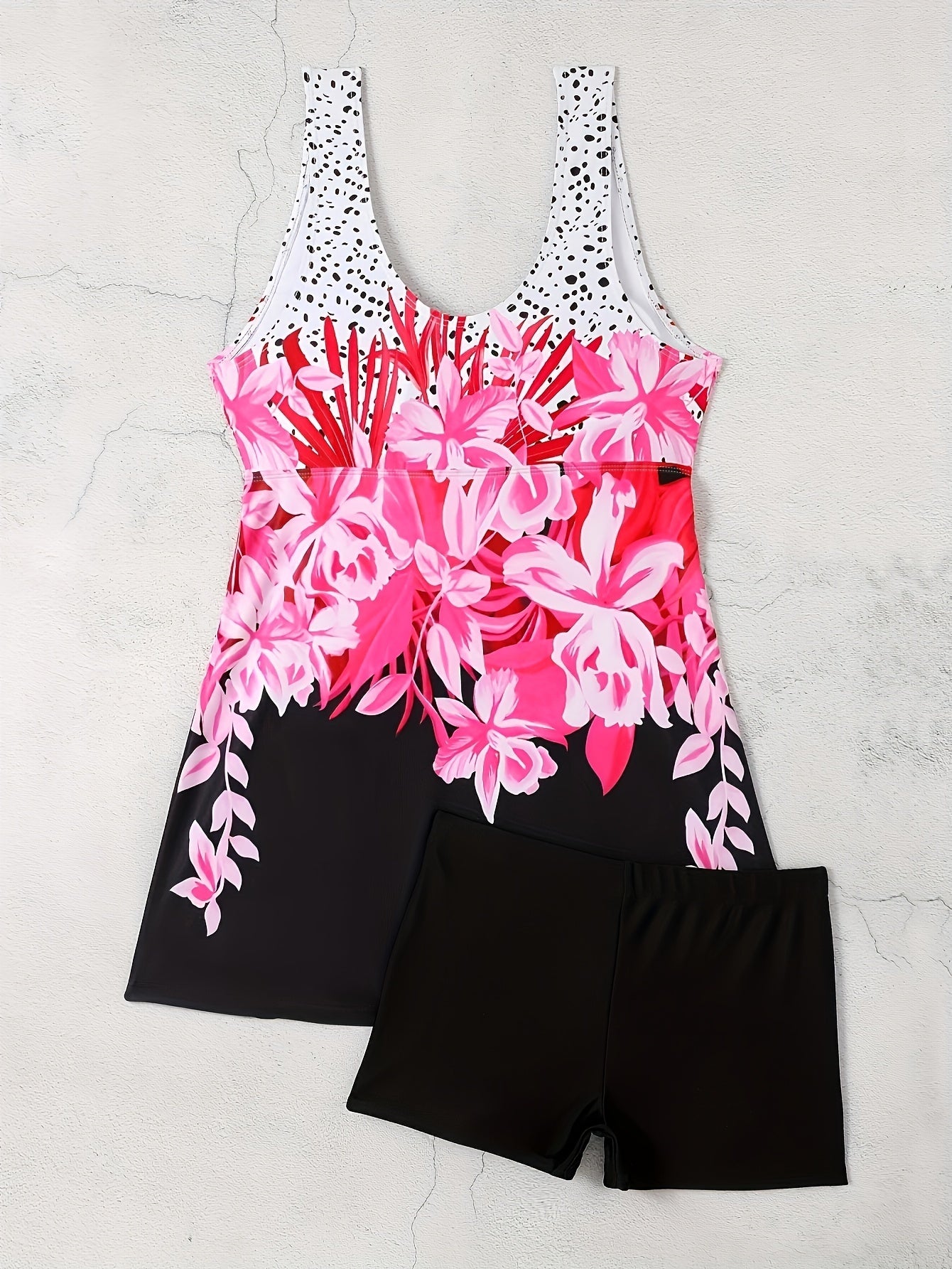 Women's Fashionable Tankini - Floral Print, Bow Pattern Swimsuit Set, Vacation Style.