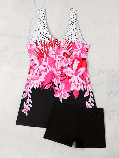 Women's Fashionable Tankini - Floral Print, Bow Pattern Swimsuit Set, Vacation Style.