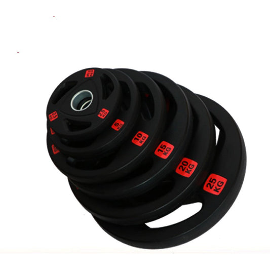 Black 2.5 kg barbell weight disks stack with center holes and red KG markings