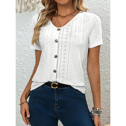 Women's V Neck Short Sleeve Eyelet Tops Summer Casual Loose Fit Button T Shirts