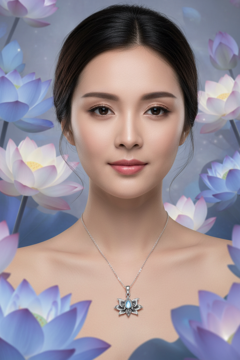 Silver lotus flower pendant necklace with blue cabochon center and starlike petals on chain.