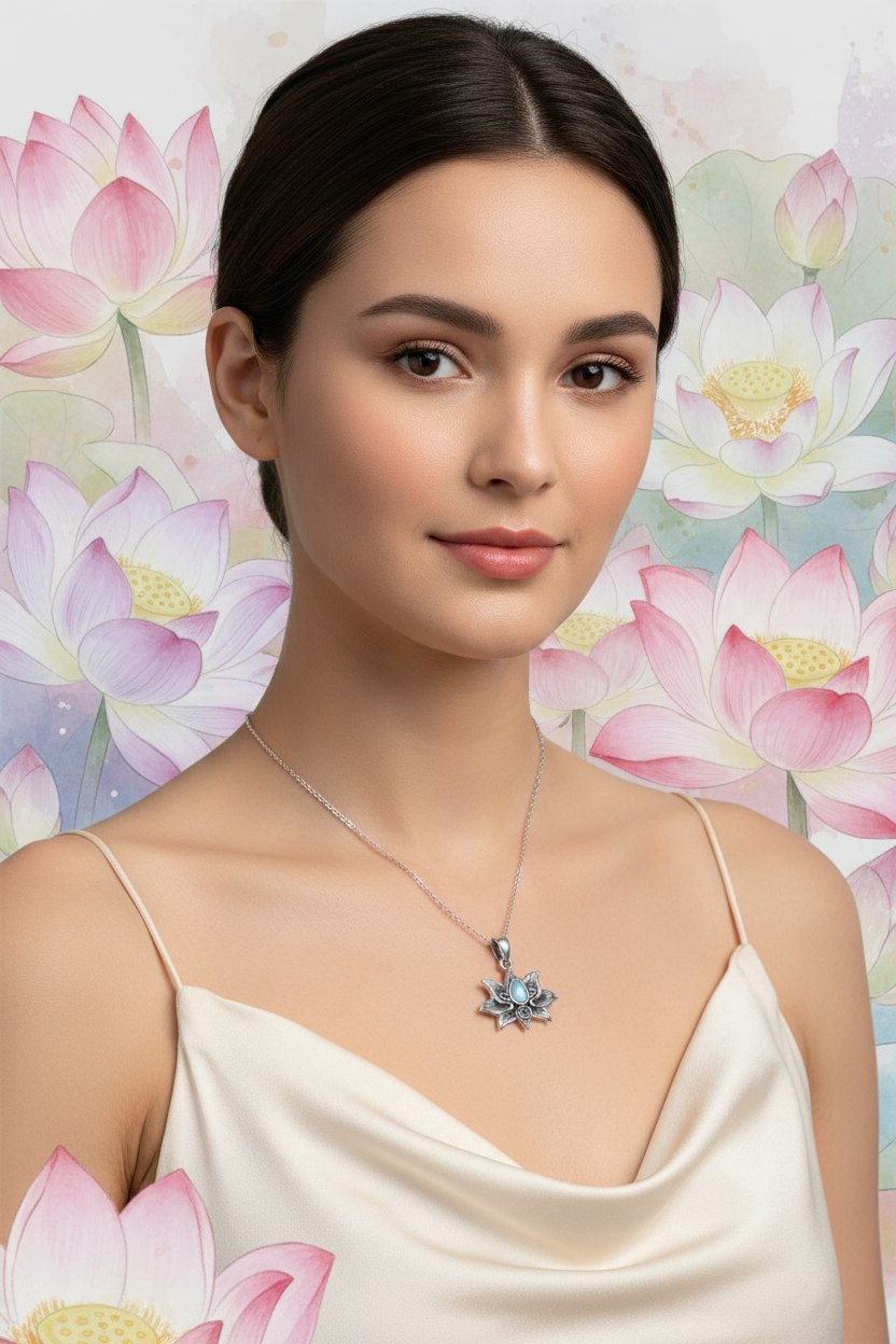 Sterling silver moonstone lotus pendant necklace, centered blue moonstone lotus motif