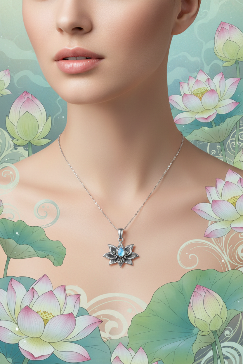 Sterling silver moonstone lotus pendant necklace, blue moonstone oval in silver setting