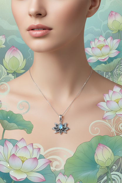 Sterling silver moonstone lotus pendant necklace, blue moonstone oval in silver setting