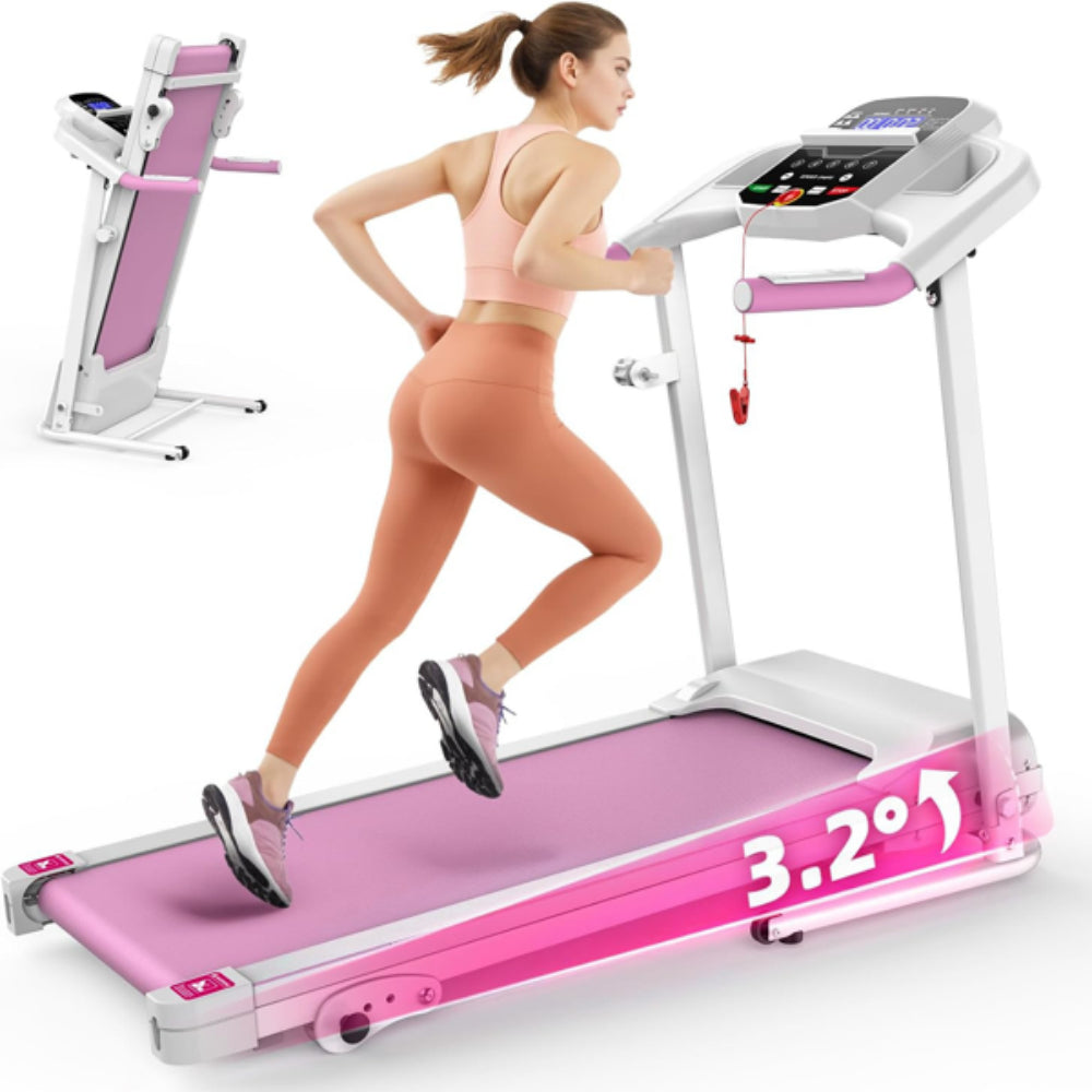 Foldable treadmill with incline in white frame and pink deck, shown in use