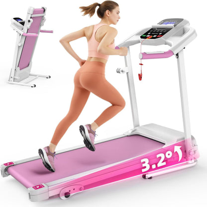 Foldable treadmill with incline in white frame and pink deck, shown in use