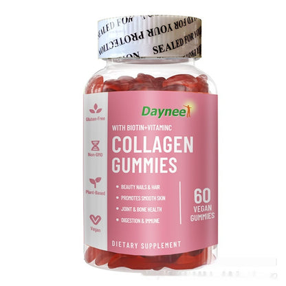 Dayneet Collagen Gummies bottle with biotin and vitamin C label, 60 vegan gummies
