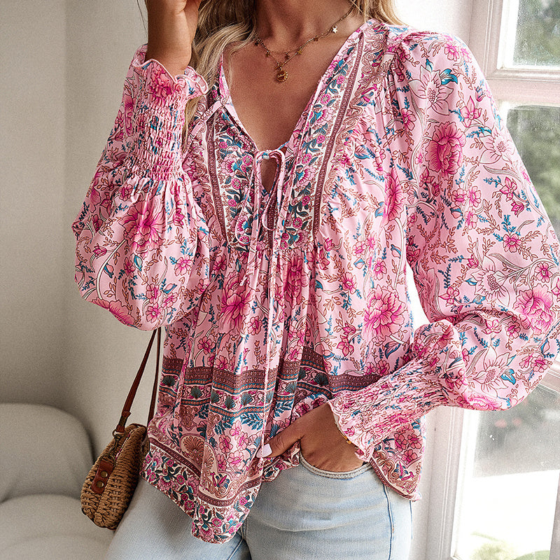 Women's Boho Chic Long Sleeve Blouse Floral Print V-Neck Top With Lace-Up & Drawstring Detail Elegant Vacation Shirt