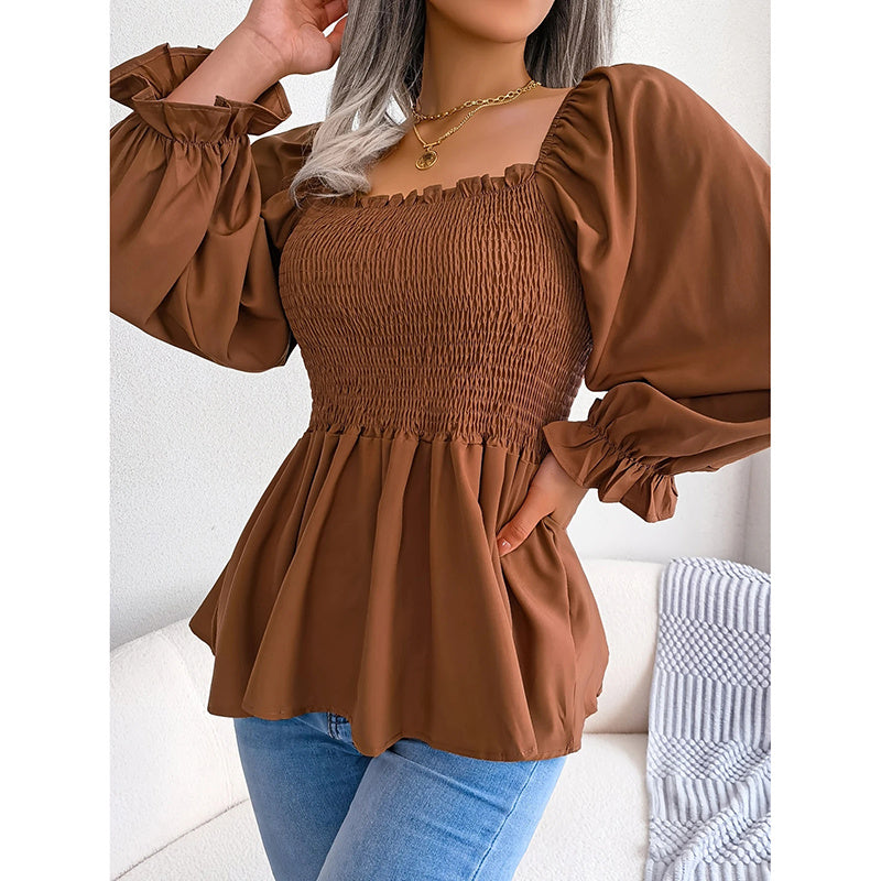 Women's Peplum Tops Square Neck Ruffle Trim Long Sleeve Blouse Smocked Top Dressy Casual Shirts