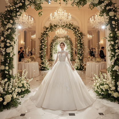 Ivory long-sleeve wedding dress with textured lace overlay and gathered floor-length skirt