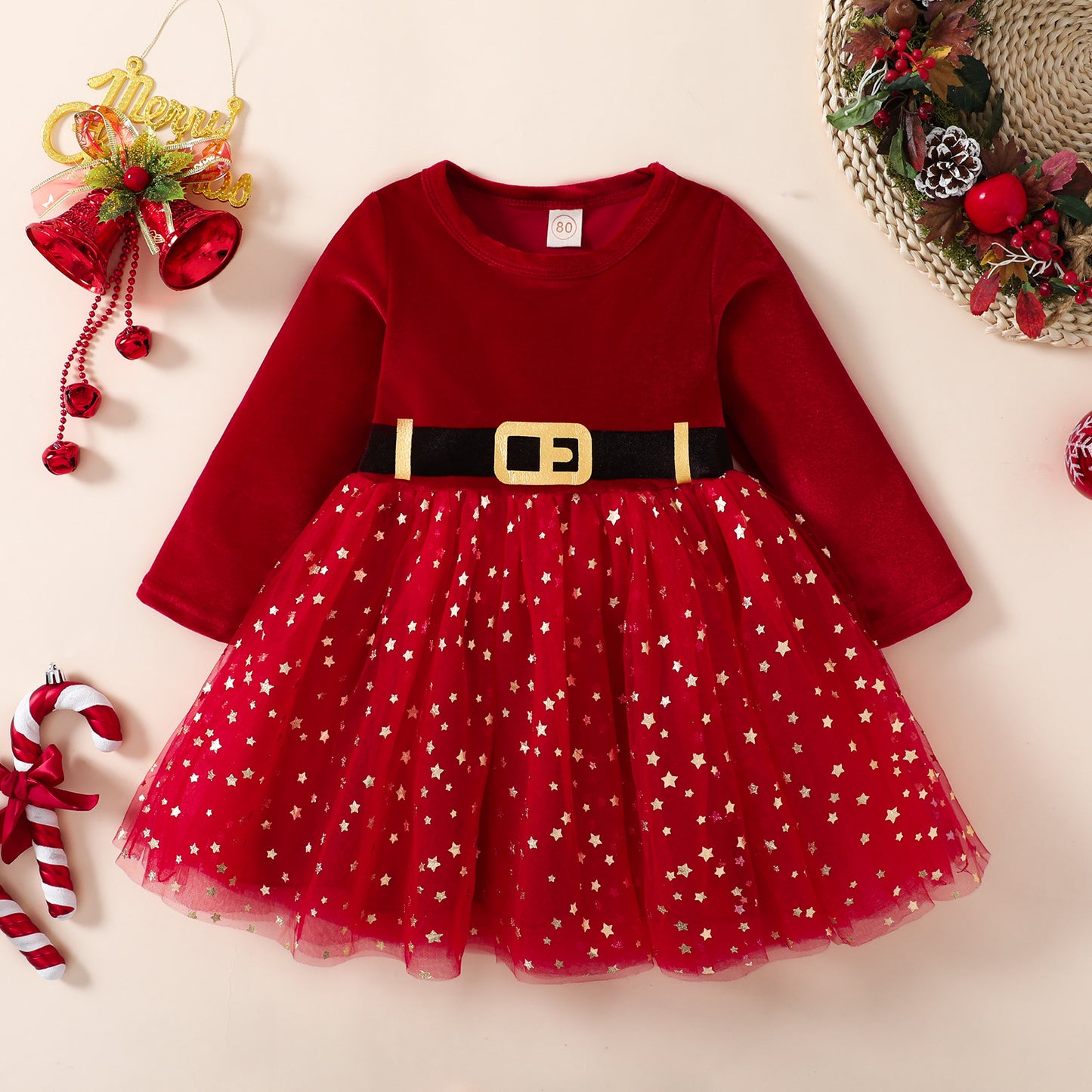 Christmas Children's Autumn Red Silver Fox Velvet Long Sleeve Mesh Princess Dress