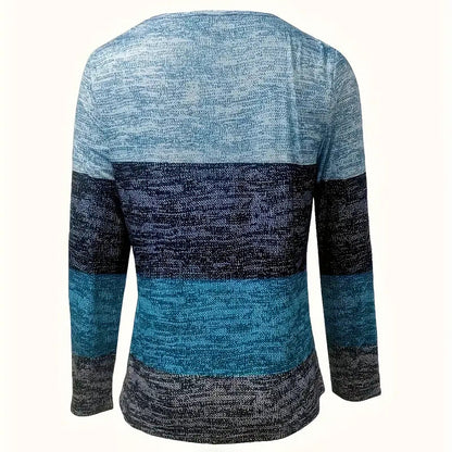 Women's Geometric Color Block V-Neck Zip Detail Long Sleeve T-Shirt all Casual Slim Fit Top