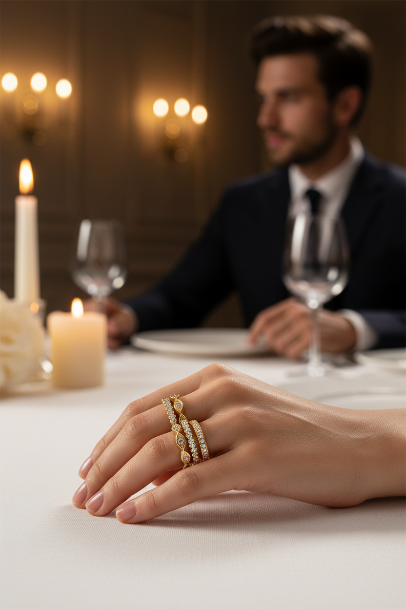 Gold-toned stacked ring with stone rows on hand resting on a table