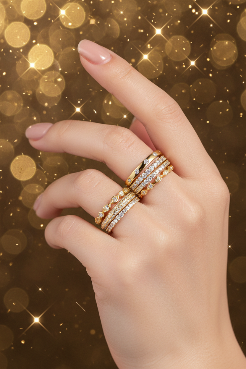 Gold-toned stacked ring set on palm, three bands with clear stone rows