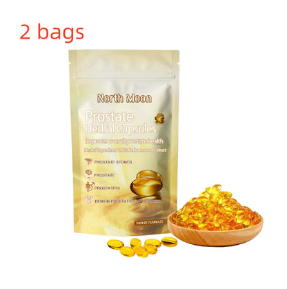 Set of two herbal capsule pouches with golden capsules and a wooden bowl