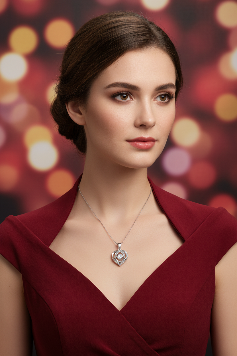 Silver heart pendant necklace with fine chain and round heart charm at V-neck
