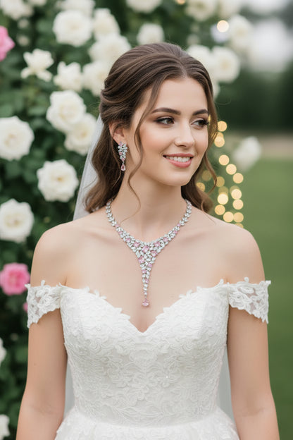 Zircon necklace and earring set with pink-toned zircon drop earrings and matching necklace