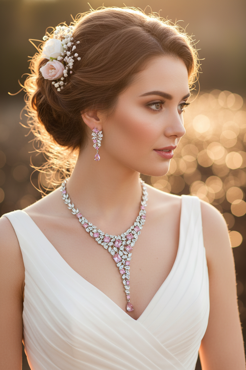 White wedding dress with pink and clear rhinestone necklace and long drop earrings