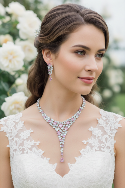 White wedding dress with pink and green rhinestone necklace and matching drop earrings