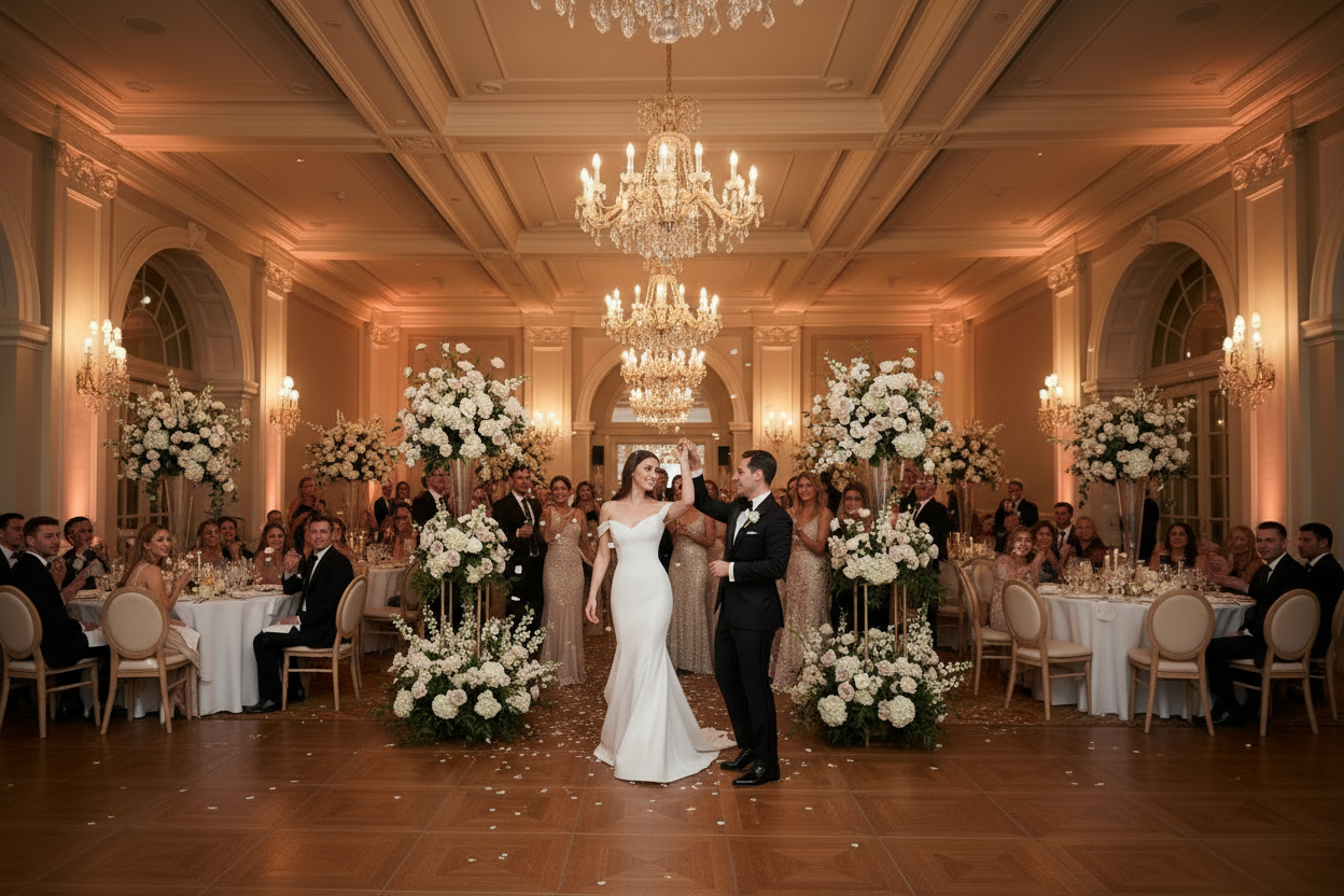 Ivory satin V-neck mermaid wedding dress with off-shoulder neckline and long fishtail