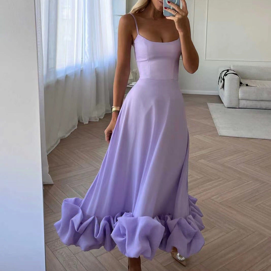Light purple A-line dress with spaghetti straps and 3D flower hem ruffle