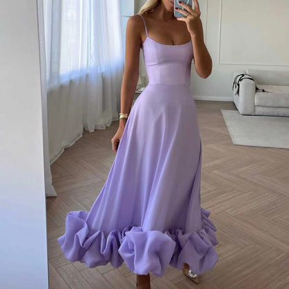Light purple A-line dress with spaghetti straps and 3D flower hem ruffle